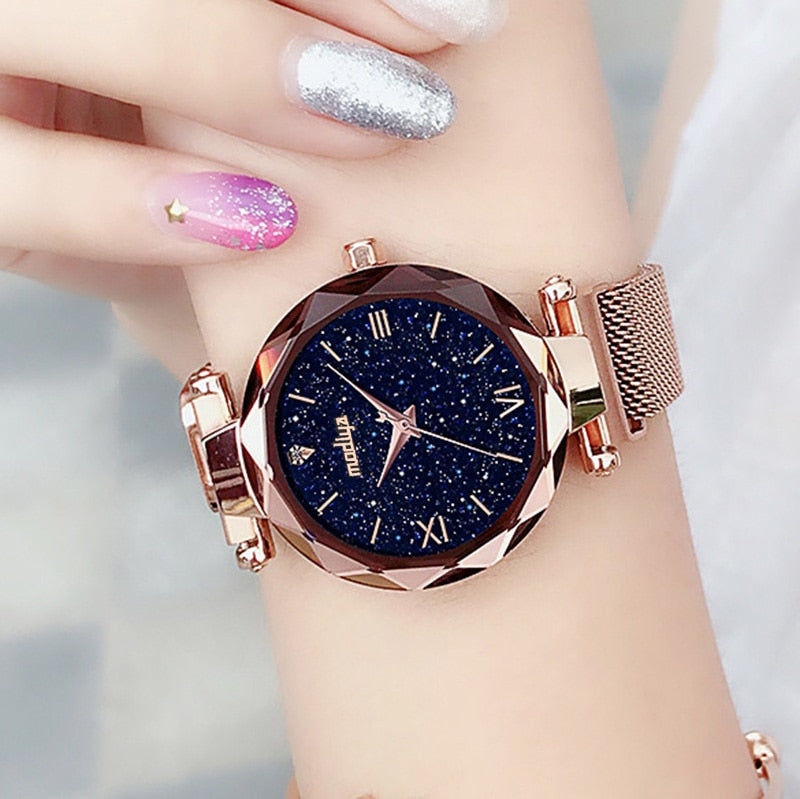 Magnetic quartz fashion watch for women on a magnetic clasp Water resistant dial Starry sky in a diamond style trend of 2019 Buy now!