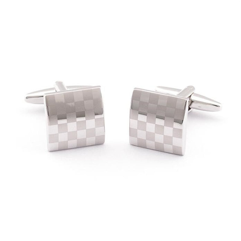 French Shirt Laser Engraving Men Jewelry Unique Wedding Groom Men Cuff Links Business Casual Party Silver Square Plaid Cufflinks
