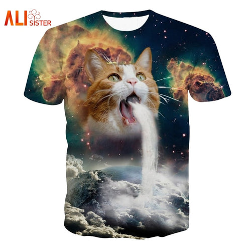 Solar Kitten T-Shirt Cat Vomiting A Waterfall Onto Earth Vibrant 3d Cat Tee Shirt Galaxy Nebula Space T Shirt Tops For Women Men