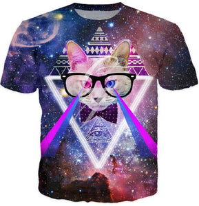 Solar Kitten T-Shirt Cat Vomiting A Waterfall Onto Earth Vibrant 3d Cat Tee Shirt Galaxy Nebula Space T Shirt Tops For Women Men