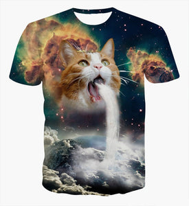 Solar Kitten T-Shirt Cat Vomiting A Waterfall Onto Earth Vibrant 3d Cat Tee Shirt Galaxy Nebula Space T Shirt Tops For Women Men