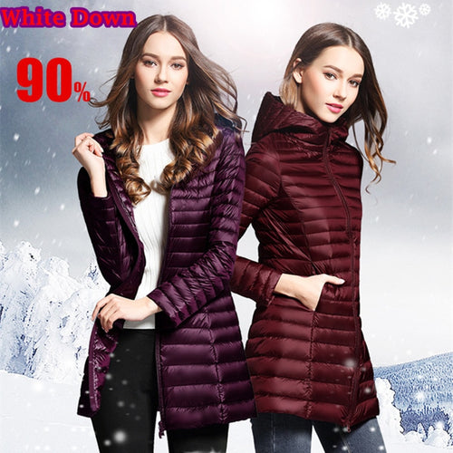 90% White Duck Down Coat Women Ultra Light Down Jackets 2018 winter New Women Long Down Coat Parka with Hood