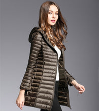 Load image into Gallery viewer, 90% White Duck Down Coat Women Ultra Light Down Jackets 2018 winter New Women Long Down Coat Parka with Hood