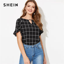 Load image into Gallery viewer, SHEIN Black and White Cut Out Keyhole Neck Ruffle Overlap Flounce Sleeve Plaid Top Blouse Women Summer Casual Workwear Blouses