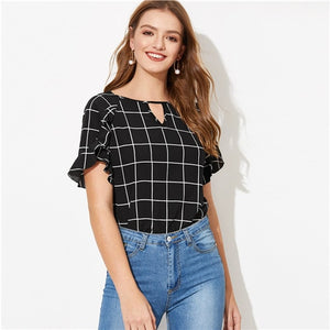 SHEIN Black and White Cut Out Keyhole Neck Ruffle Overlap Flounce Sleeve Plaid Top Blouse Women Summer Casual Workwear Blouses