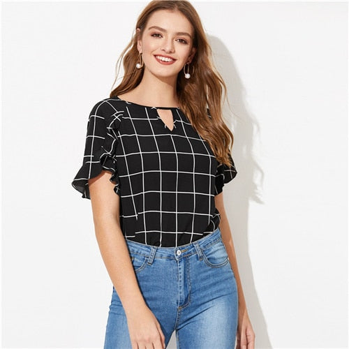 SHEIN Black and White Cut Out Keyhole Neck Ruffle Overlap Flounce Sleeve Plaid Top Blouse Women Summer Casual Workwear Blouses