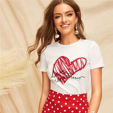 Load image into Gallery viewer, SHEIN Lady Simple Round Neck Graphic Print White T Shirt Summer Casual Minimalist Short Sleeve Letter Women Tshirt Tops