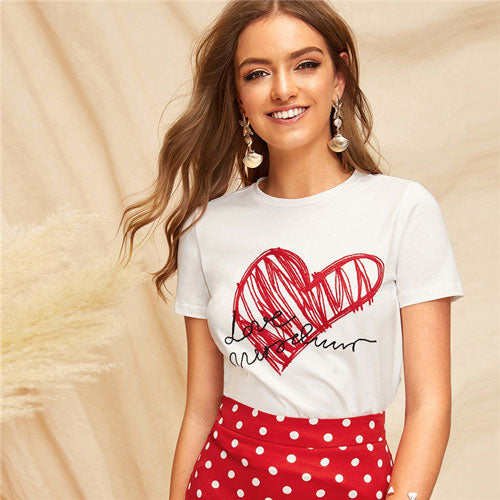 SHEIN Lady Simple Round Neck Graphic Print White T Shirt Summer Casual Minimalist Short Sleeve Letter Women Tshirt Tops