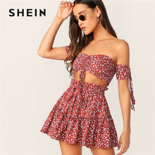 Load image into Gallery viewer, SHEIN Boho Ruched Front Shirred Crop Top And Ditsy Floral Skirt Set Women Two Piece Outfits Summer Sexy Beach Matching Sets