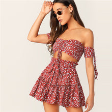 Load image into Gallery viewer, SHEIN Boho Ruched Front Shirred Crop Top And Ditsy Floral Skirt Set Women Two Piece Outfits Summer Sexy Beach Matching Sets