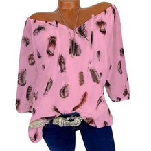 Load image into Gallery viewer, Puimentiua 2019 Spring Summer Half Sleeve V-Neck Women Blouse Feather Print Casual Loose Shirts 5XL Plus Size Female Tops Blouse