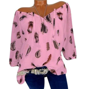 Puimentiua 2019 Spring Summer Half Sleeve V-Neck Women Blouse Feather Print Casual Loose Shirts 5XL Plus Size Female Tops Blouse