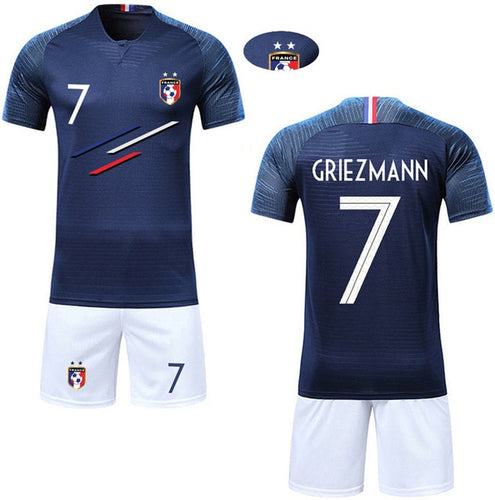 Boy Soccer Short Sleeve 2018 France 2 Stars Training Jerseys MBAPPE GRIEZMANN POGBA Kids Football Shirts& Shorts Suits