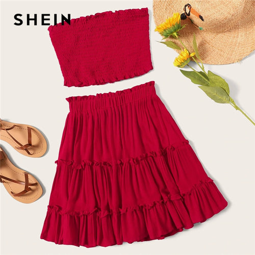 SHEIN Burgundy Smocked Bandeau Top And Layered Frill Hem Skirt Set Women Summer 2019 Sleeveless Beach Style Two Piece Set