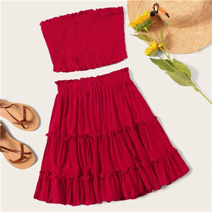 SHEIN Burgundy Smocked Bandeau Top And Layered Frill Hem Skirt Set Women Summer 2019 Sleeveless Beach Style Two Piece Set
