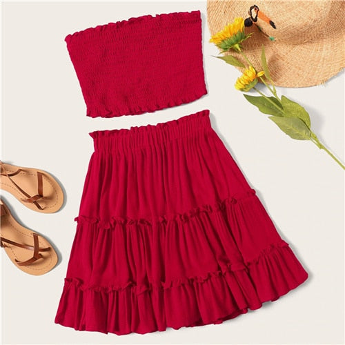 SHEIN Burgundy Smocked Bandeau Top And Layered Frill Hem Skirt Set Women Summer 2019 Sleeveless Beach Style Two Piece Set