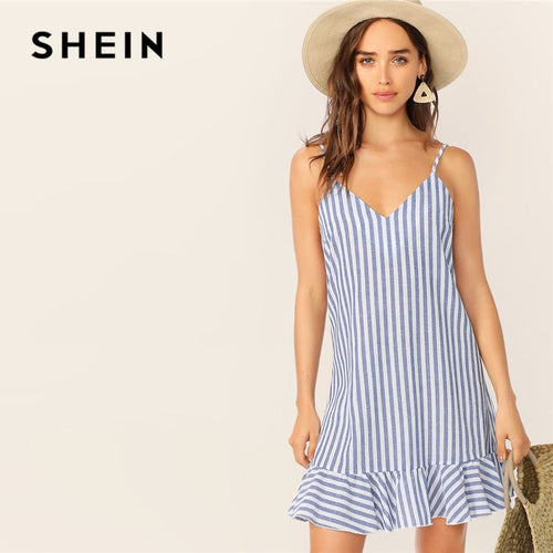 SHEIN V-Neck Striped Ruffle Hem Slip Mini Sexy Dress Women Clothes 2019 Boho Vacation Spaghetti Strap Sleeveless Summer Dress