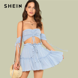 SHEIN Drawstring Crop Bardot Top With Tiered Skirt Set Sexy Solid Frill Sleeveless 2 Piece Set Off the Shoulder Women Set