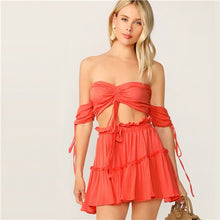 Load image into Gallery viewer, SHEIN Drawstring Crop Bardot Top With Tiered Skirt Set Sexy Solid Frill Sleeveless 2 Piece Set Off the Shoulder Women Set