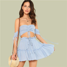 Load image into Gallery viewer, SHEIN Drawstring Crop Bardot Top With Tiered Skirt Set Sexy Solid Frill Sleeveless 2 Piece Set Off the Shoulder Women Set