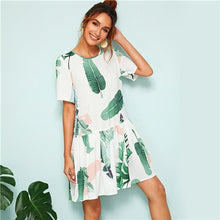 Load image into Gallery viewer, SHEIN Button Back Ruffle Hem Tropical Print Dress Swish White Short Sleeve Summer Dress 2019 Boho Drop Waist Women Dresses