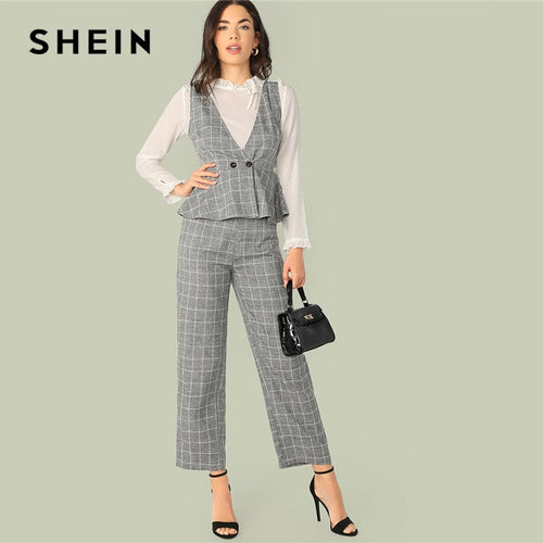 SHEIN Classy Grey Double Button Wrap Peplum Plaid Top Without Blouse and Pants Set Women Spring Summer Elegant Two Piece Set
