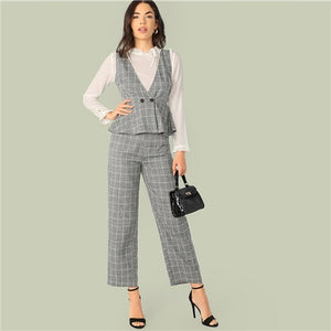 SHEIN Classy Grey Double Button Wrap Peplum Plaid Top Without Blouse and Pants Set Women Spring Summer Elegant Two Piece Set