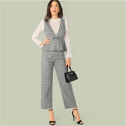 SHEIN Classy Grey Double Button Wrap Peplum Plaid Top Without Blouse and Pants Set Women Spring Summer Elegant Two Piece Set