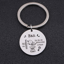 Load image into Gallery viewer, Round Baby Keychain Personalized Name Date Of Birth Weight Time Height For Newborn Commemorate Exclusive Key Ring Charm Gift