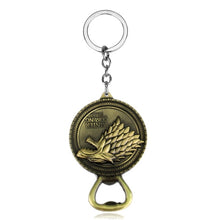 Load image into Gallery viewer, RJ Game of Thrones Keychain House Stark Wolf Beer Opener Key chain A Song Of Ice And Fire Targaryen Dragon Keyring Souvenir Gift