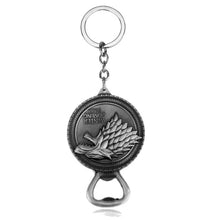 Load image into Gallery viewer, RJ Game of Thrones Keychain House Stark Wolf Beer Opener Key chain A Song Of Ice And Fire Targaryen Dragon Keyring Souvenir Gift