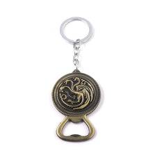 Load image into Gallery viewer, RJ Game of Thrones Keychain House Stark Wolf Beer Opener Key chain A Song Of Ice And Fire Targaryen Dragon Keyring Souvenir Gift