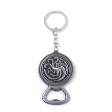Load image into Gallery viewer, RJ Game of Thrones Keychain House Stark Wolf Beer Opener Key chain A Song Of Ice And Fire Targaryen Dragon Keyring Souvenir Gift
