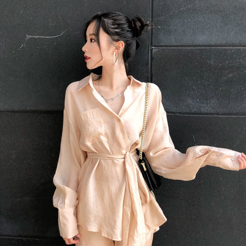 Mazefeng New Spring Women Casual Champagne Shirts Female Shirts Ribbons Irregular Shirts Ladies Shorts Style Pants Two Piece Set
