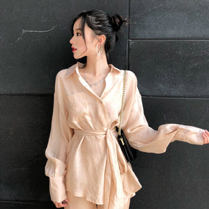 Mazefeng New Spring Women Casual Champagne Shirts Female Shirts Ribbons Irregular Shirts Ladies Shorts Style Pants Two Piece Set
