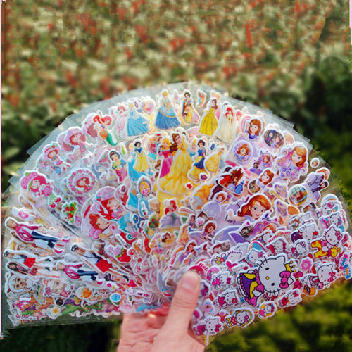 3D Cartoon Stickers Waterproof Bubble PVC DIY Sticker Princess Car Mickey Kitty Girls Boys Kids Children Gifts 10/6/8 Sheets