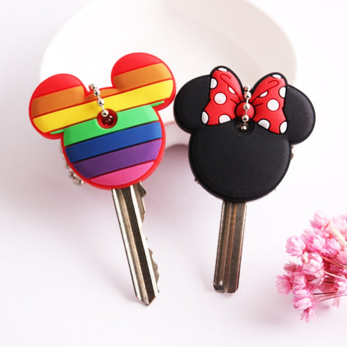 Cartoon Anime Cute Key Cover Cap Silicone Mickey Stitch Bear Keychain Women Gift Owl Porte Clef Hello Kitty Minne Key Chain