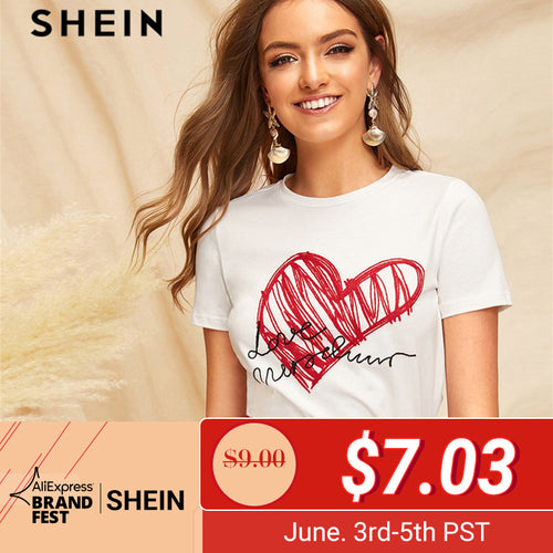 SHEIN Lady Simple Round Neck Graphic Print White T Shirt Summer Casual Minimalist Short Sleeve Letter Women Tshirt Tops