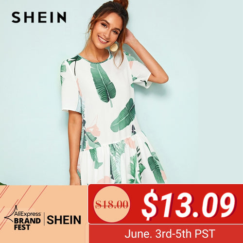 SHEIN Button Back Ruffle Hem Tropical Print Dress Swish White Short Sleeve Summer Dress 2019 Boho Drop Waist Women Dresses