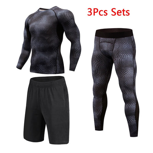 New 3D Compression Set Men Sportswear Fitness Tight Long T shirt Leggings Gyms Tracksuit Joggers Quick Dry Clothes 3pcs / Sets