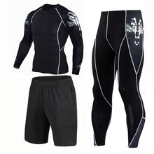 Load image into Gallery viewer, New 3D Compression Set Men Sportswear Fitness Tight Long T shirt Leggings Gyms Tracksuit Joggers Quick Dry Clothes 3pcs / Sets