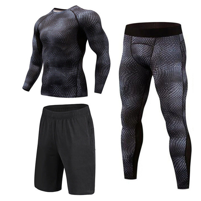 New 3D Compression Set Men Sportswear Fitness Tight Long T shirt Leggings Gyms Tracksuit Joggers Quick Dry Clothes 3pcs / Sets