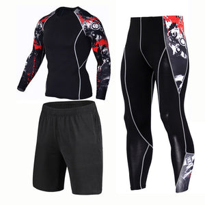 New 3D Compression Set Men Sportswear Fitness Tight Long T shirt Leggings Gyms Tracksuit Joggers Quick Dry Clothes 3pcs / Sets