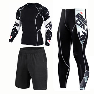 New 3D Compression Set Men Sportswear Fitness Tight Long T shirt Leggings Gyms Tracksuit Joggers Quick Dry Clothes 3pcs / Sets