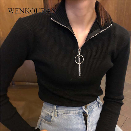 Casual Zipper Sweater Women Turtleneck Elastic Knitted Long Sleeve Black Pullovers Spring Female Jumper Soft Plus Size feminino