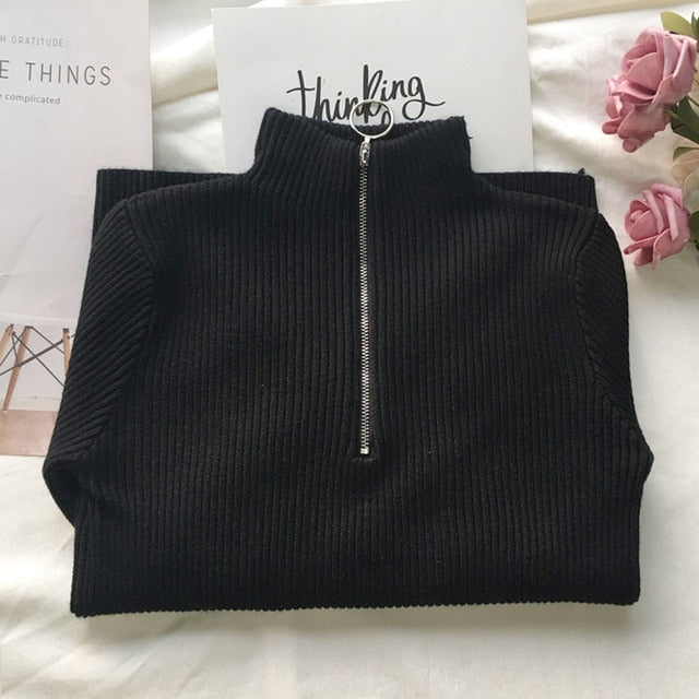 Casual Zipper Sweater Women Turtleneck Elastic Knitted Long Sleeve Black Pullovers Spring Female Jumper Soft Plus Size feminino